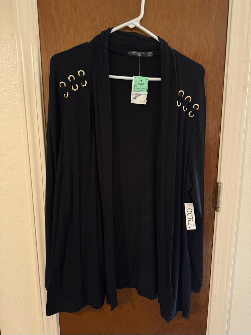 Cure Black Open-Front Cardigan with Gold Eyelet Detail